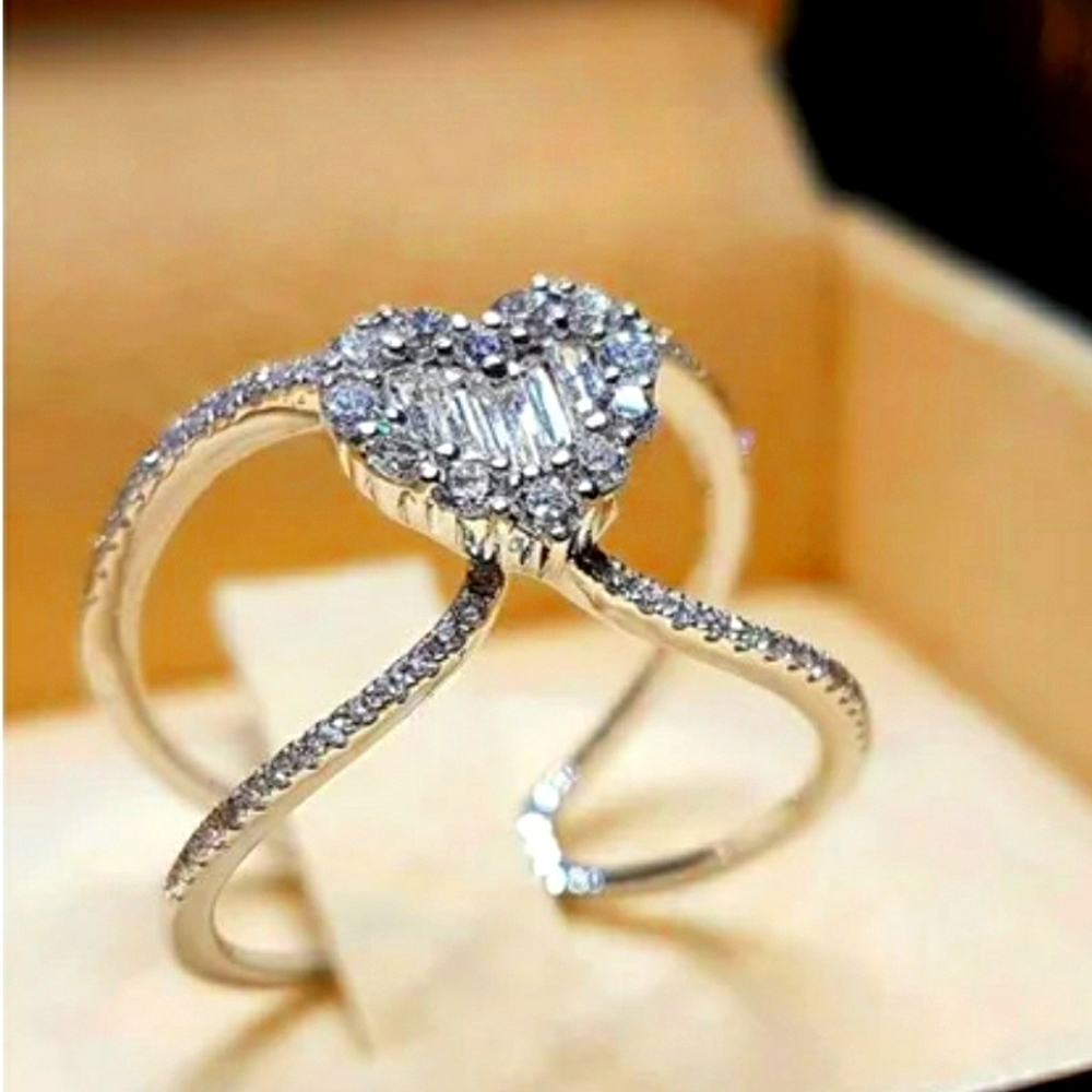 14K White Gold Plated Heart Ring Women
